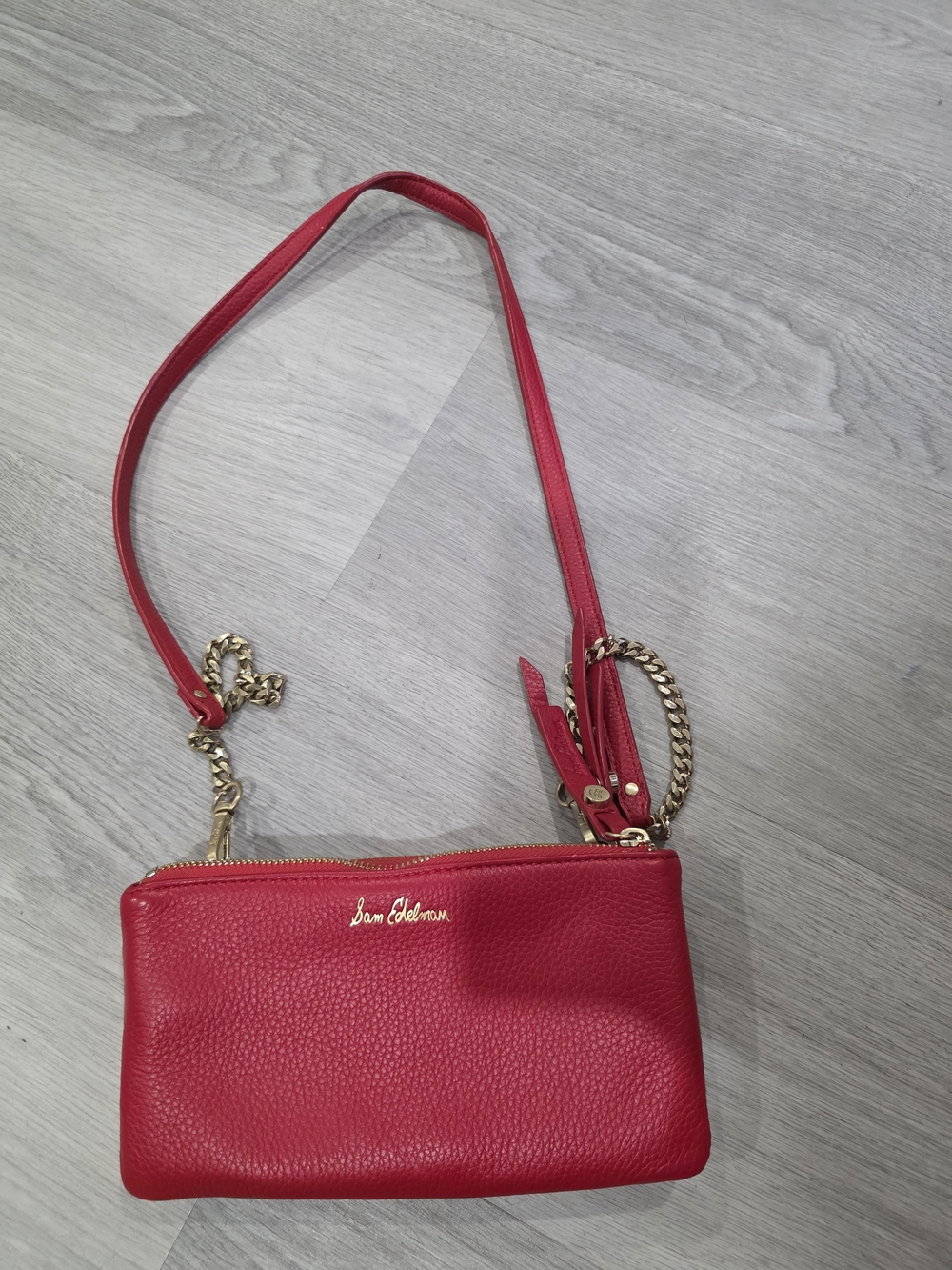 Sam Edelman Red Pebbled Leather Crossbody with Gold Chain